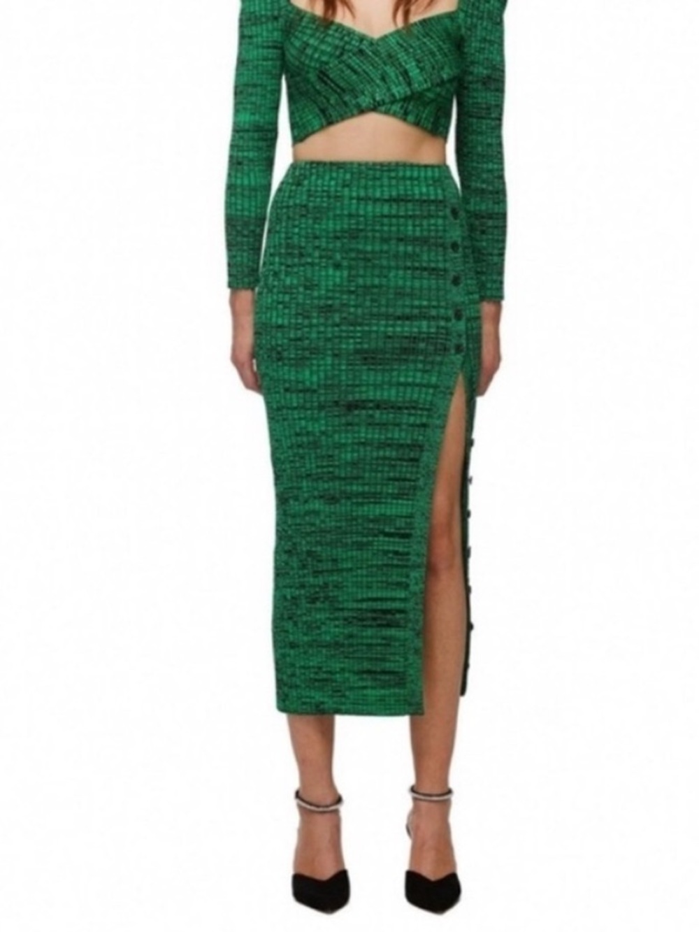 Self-Portrait Multi Green/Black Ribbed pencil Midi Skirt from intermix